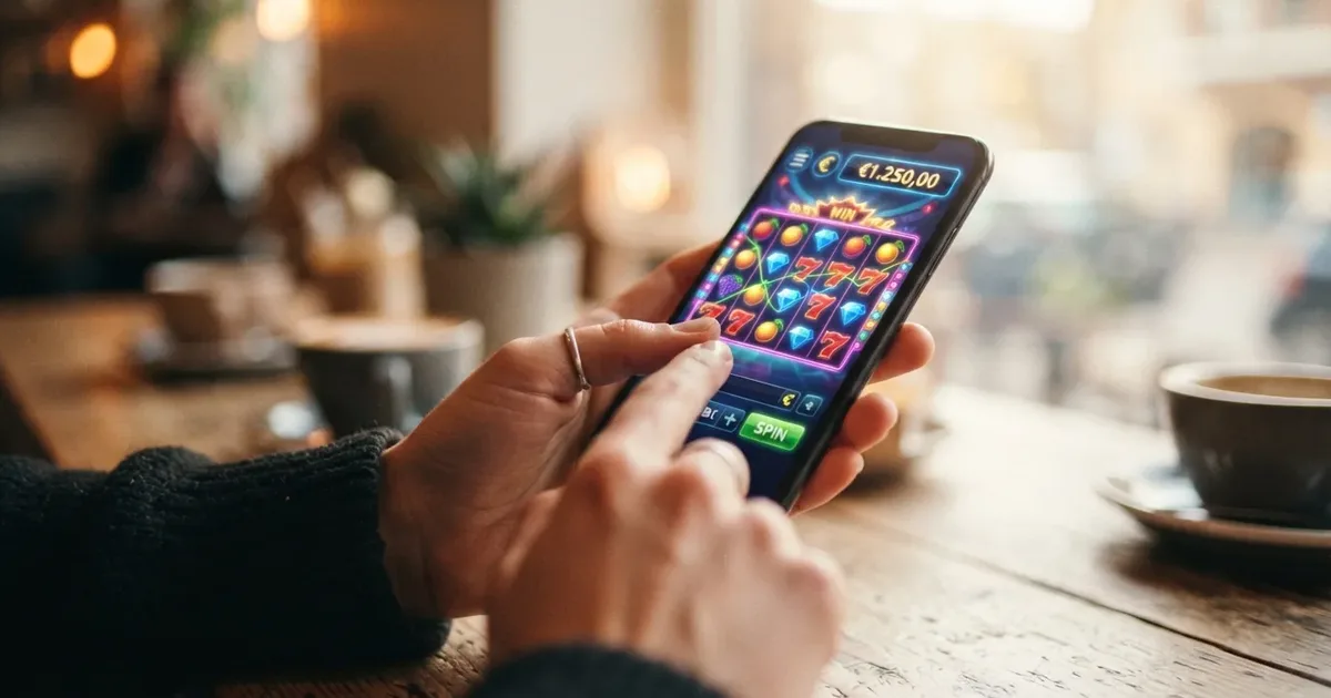 Hände halten ein Smartphone und spielen mobile Casino-Slots mit sichtbaren Startguthaben-Angeboten