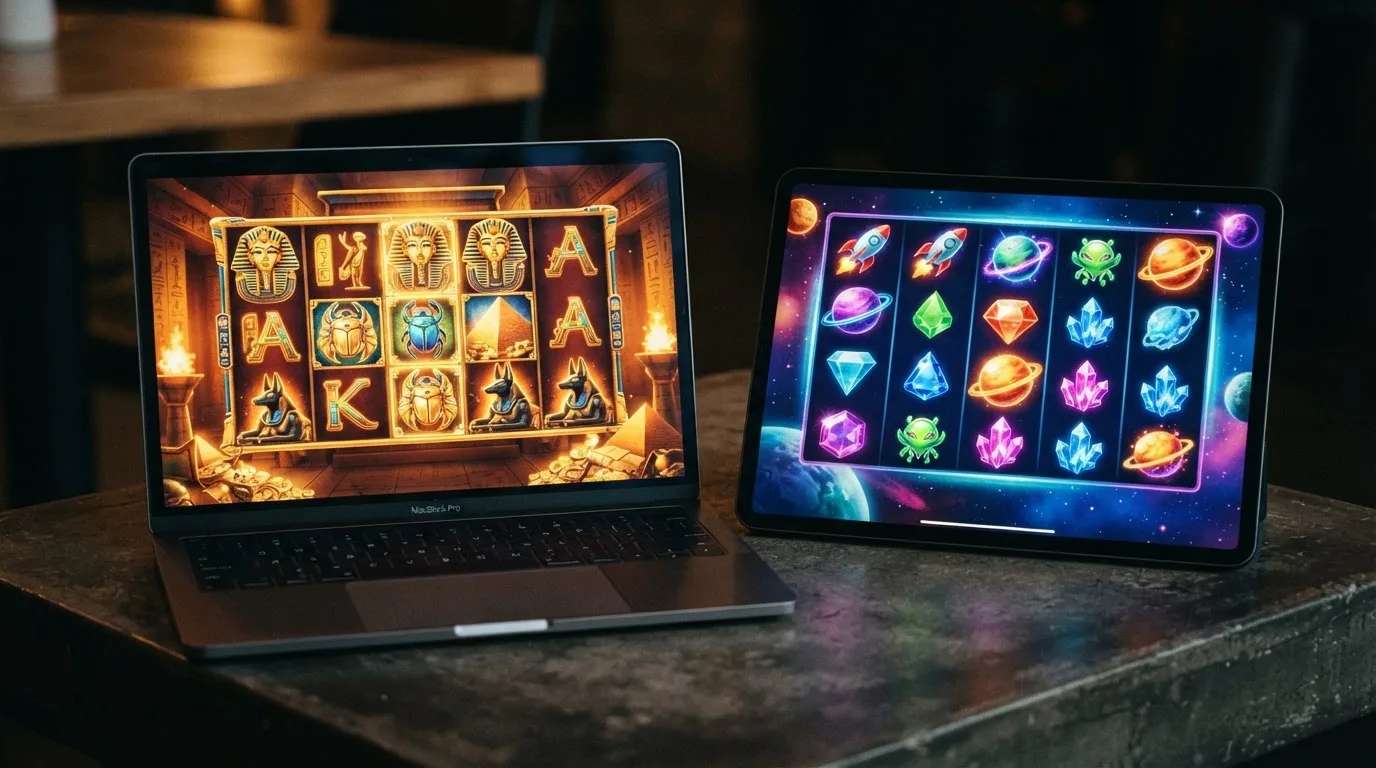 Zwei nebeneinander gezeigte Slot-Titel im Hochformat, links ein Pharaonen-motivierter Slot, rechts ein buntes Weltraum-Motiv, UI mit Dreh-Button