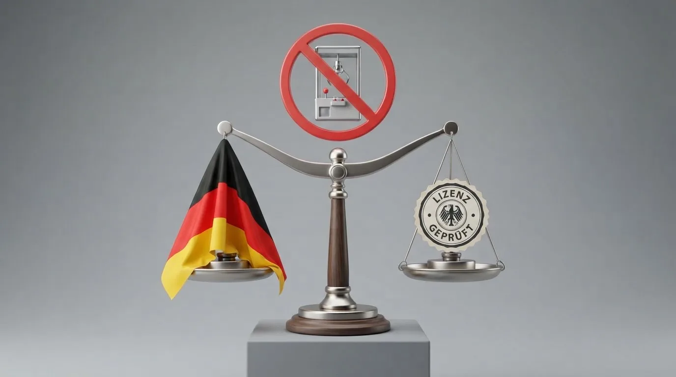 Symbolische Darstellung einer deutschen Flagge neben einem stilisierten Gesetzesbuch und einem Verbotsschild über einem Greifarm-Symbol.
