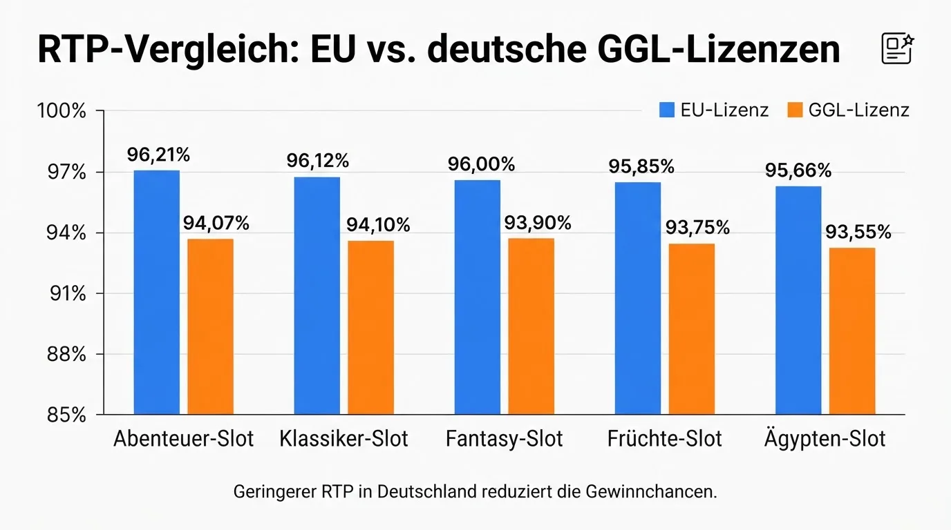 RTP-Analyse: Darstellung der Return to Player Werte von populären Slots im Vergleich zwischen EU- und deutschen GGL-Lizenzen.
