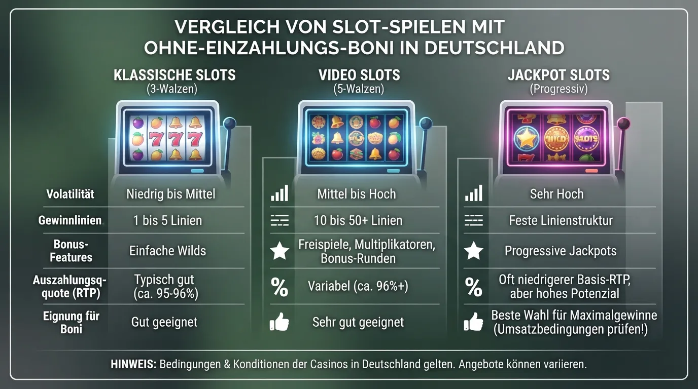 Eine schematische Tabelle mit verschiedenen Slots und Freispielen, die die Bandbreite des Online Casino Bonus ohne Einzahlung in 2026 zeigt