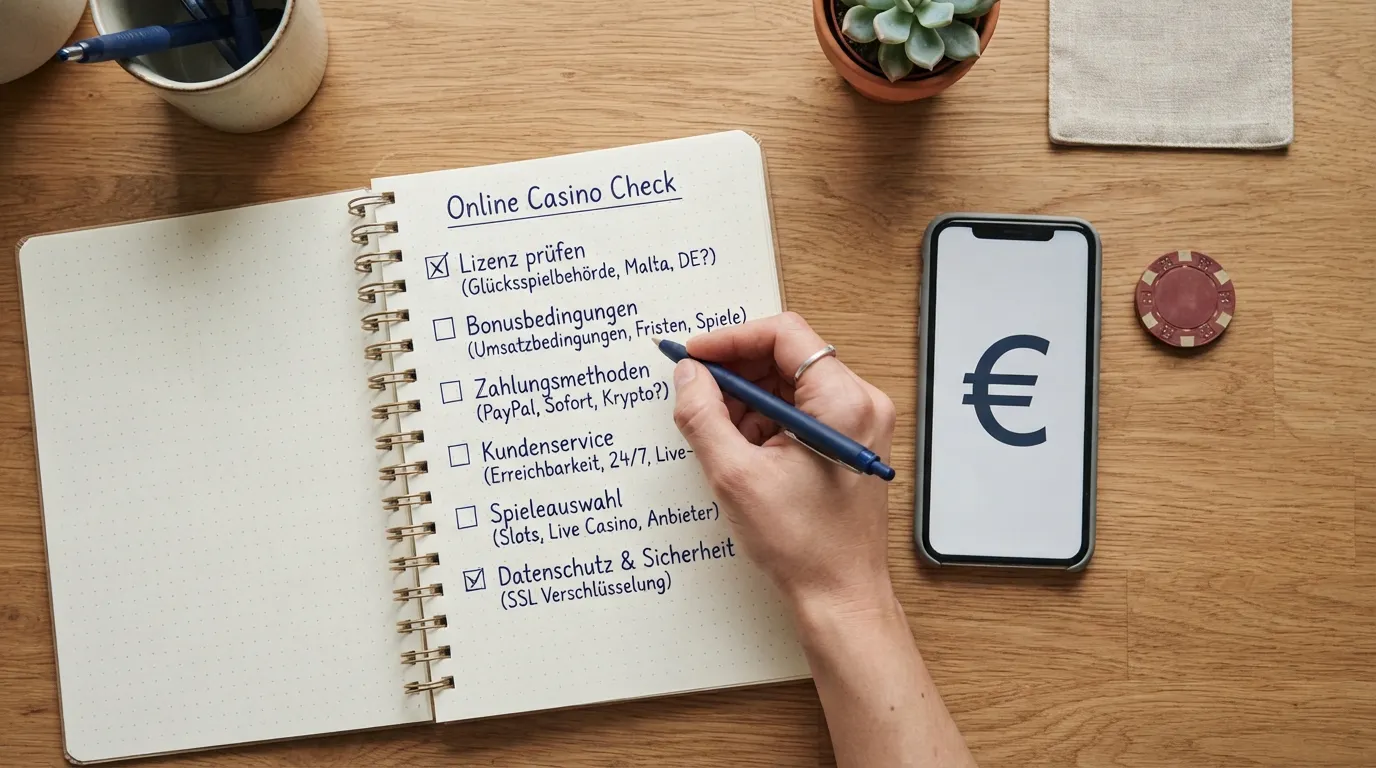 Checkliste mit Symbolen für Sicherheit und Seriosität beim Online-Casino