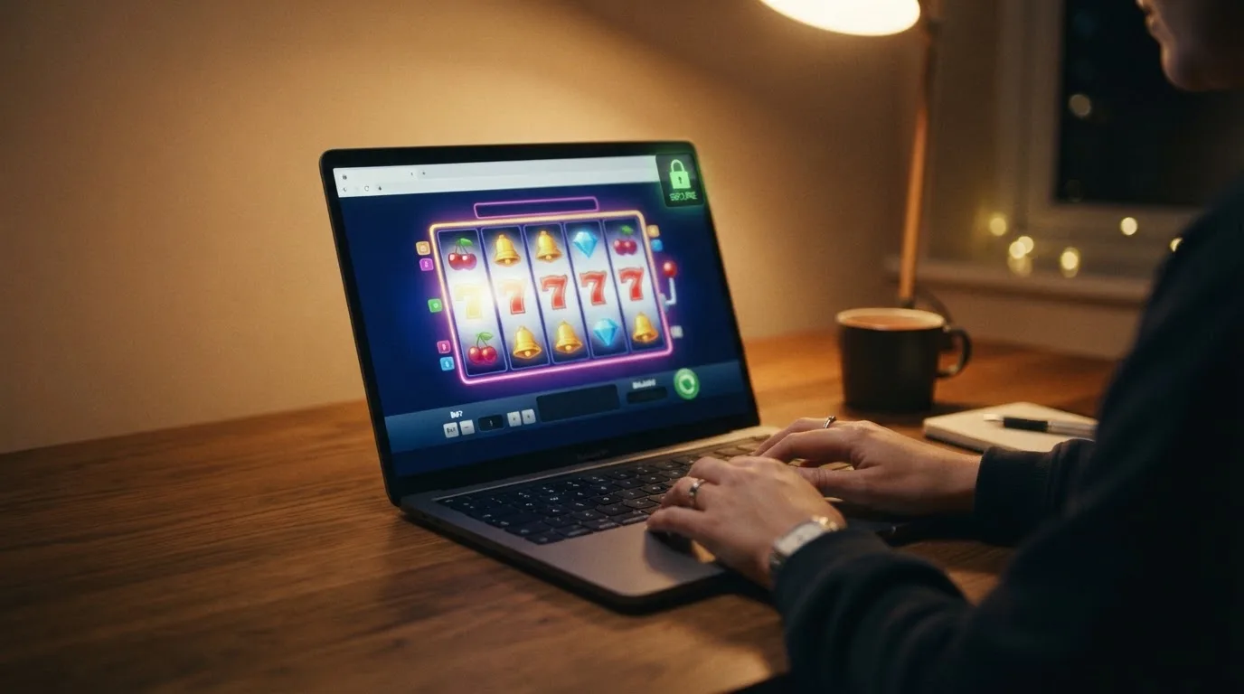 Symbolisches Schloss vor einem modernen Browser-Fenster mit Online-Gaming-Elementen