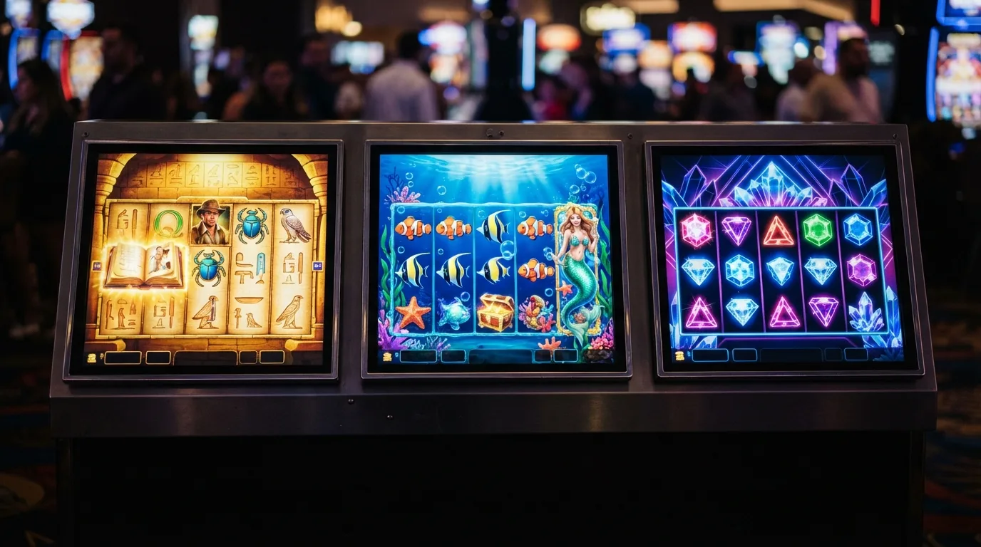 Drei Spielautomaten-Displays nebeneinander: eines mit klassischem Buch-Motiv, eines mit Fisch-Symbolen und eines mit moderner Kristallgrafik