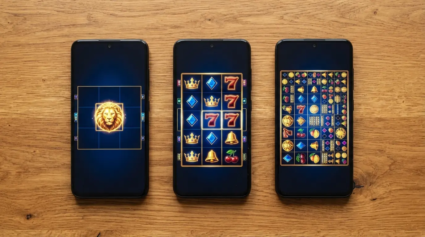 Diverse Slot-Oberflächen mit Fokus auf Volatilitäts- und Einsatzanzeige