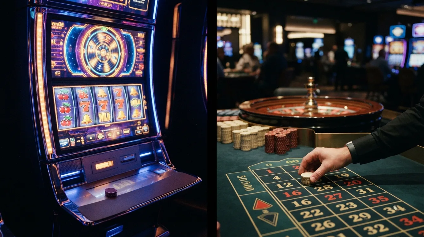 Slot-Automaten und Roulette-Tisch mit unterschiedlich hohen Stapeln von Bonus-Chips als Vergleich