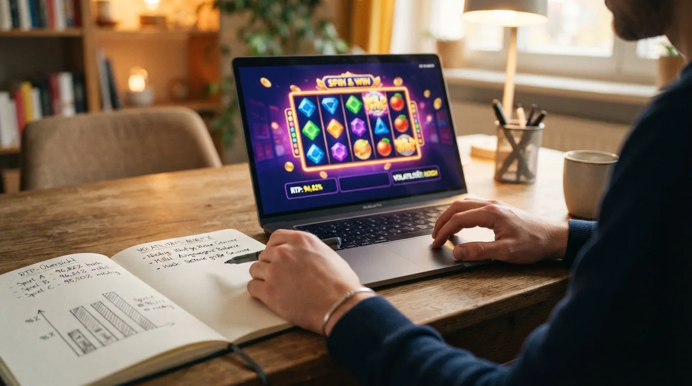 Slot-Auswahl-Konzept mit Spielautomaten und RTP-Prozentanzeigen für Casino-Spieler