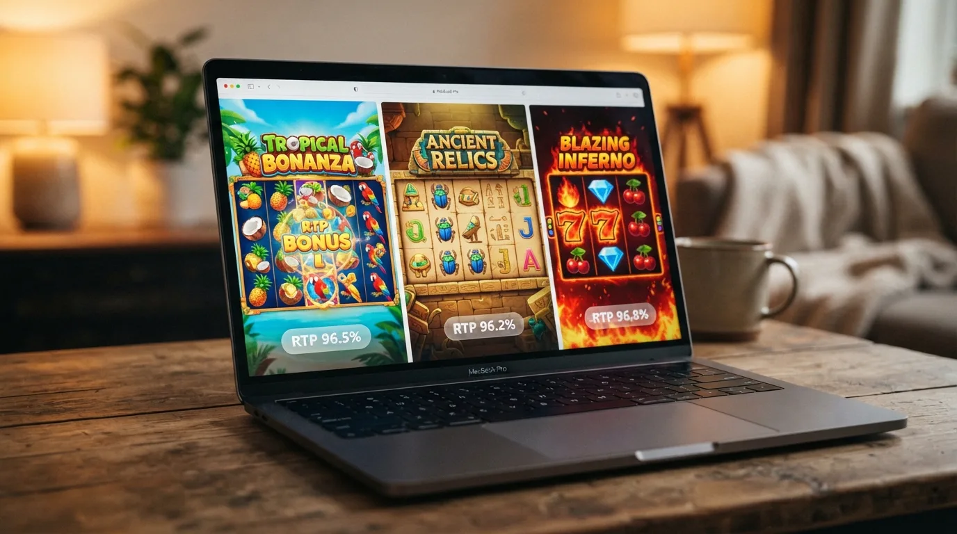 Drei klassische Slot-Spiel-Screens nebeneinander mit hoher RTP-Kennzeichnung, illustriert RTP-basierte Bonus-Strategie im Online-Casino