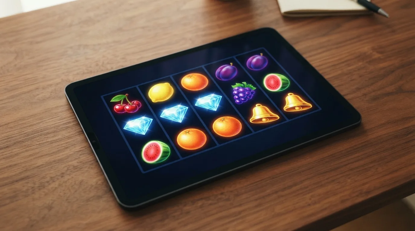 Detailaufnahme von bunten Slot-Symbolen auf einem Tablet-Display, wobei der Fokus auf einer Gewinnkombination liegt und die Grafiken hochwertig und farbenfroh wirken.