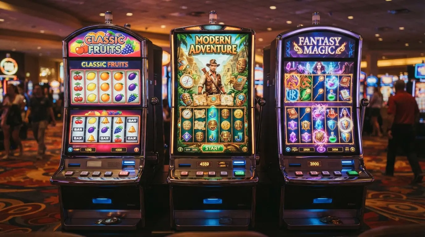 Drei verschiedene Slot-Maschinen mit leuchtenden Walzen und modernen Interfaces