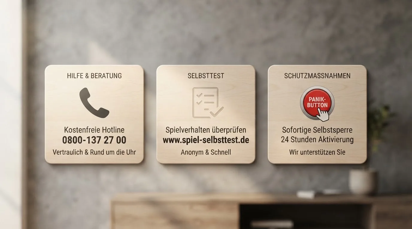 Drei symmetrische Informationsboxen: Telefonhörer mit Hotline-Nummer, Selbsttest-Link, Panik-Button-Symbol, alles auf neutralem grauen Hintergrund