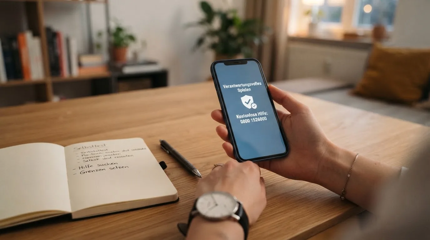 Grafische Darstellung des Selbsttests und der Hilfetelefon-Nummer mit Warnsymbol