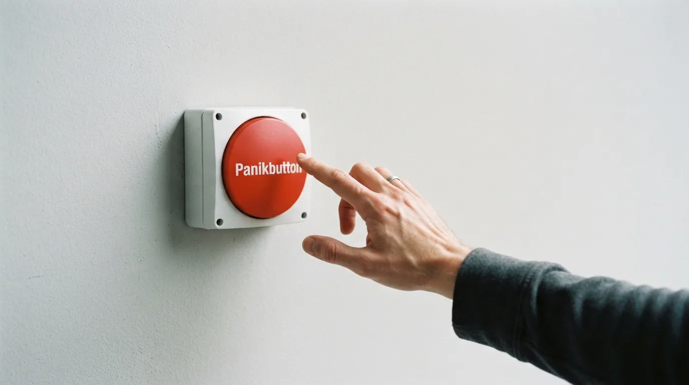 Hand, die den „Panikbutton“ auf einer Webseite aktiviert, grafisch hervorgehoben als Hilfsmittel für verantwortungsvolles Spiel