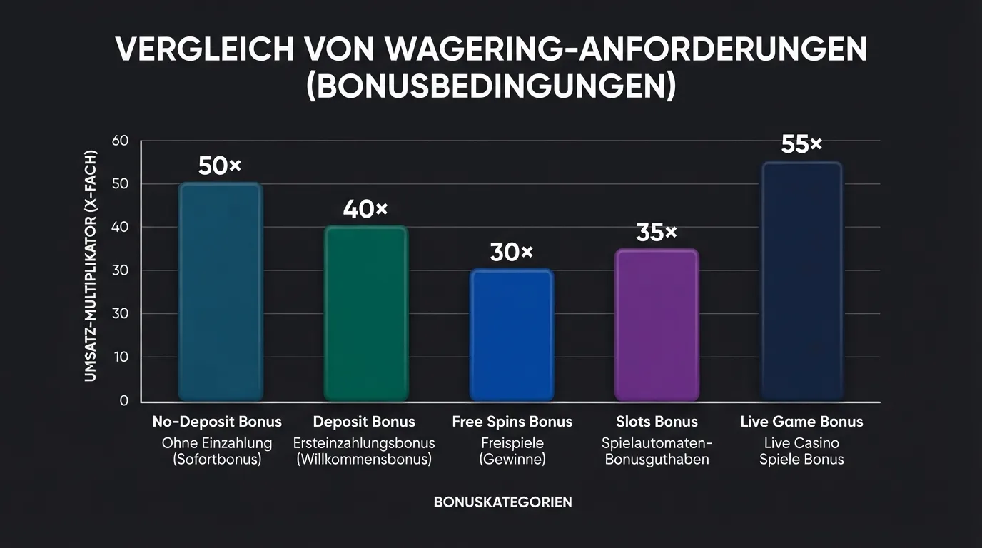 Grafische Darstellung von Umsatzbedingungen und Bonusbedingungen mit Balkendiagramm für verschiedene Casino-Anbieter