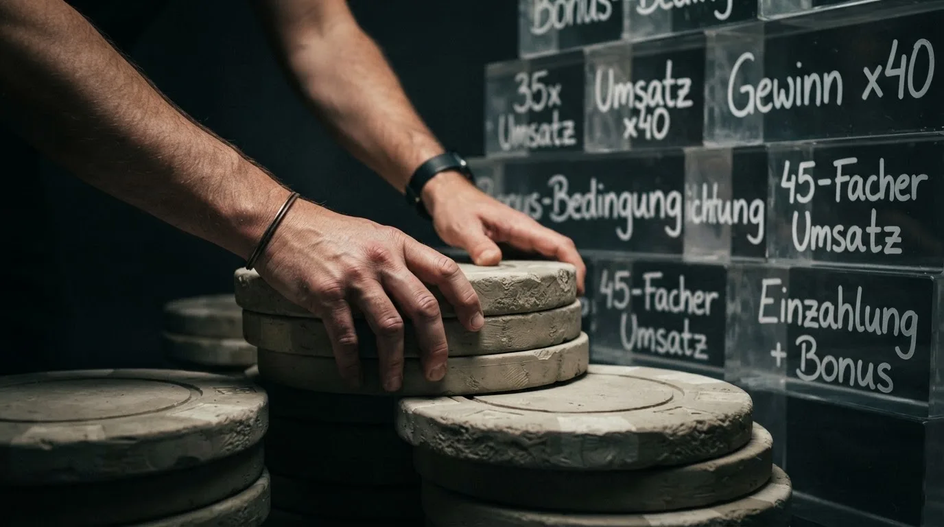 Umsatzbedingungen bei Bonusangeboten: Die Hürde symbolisiert durch einen Parcours, den Spieler nehmen müssen, um Freispielgewinne auszahlbar zu machen.