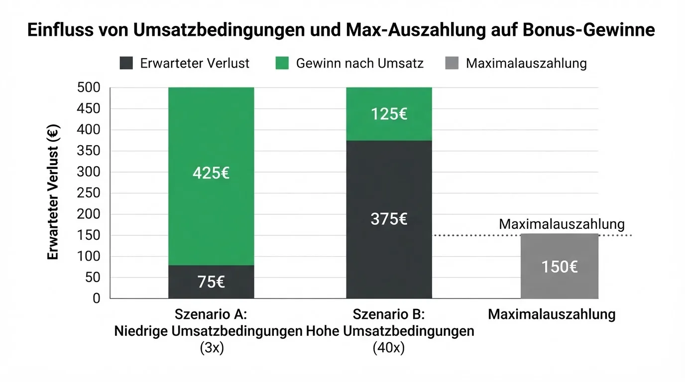 Grafische Darstellung der Umsatzbedingungen und Max-Cashout-Klauseln eines Bonusangebots