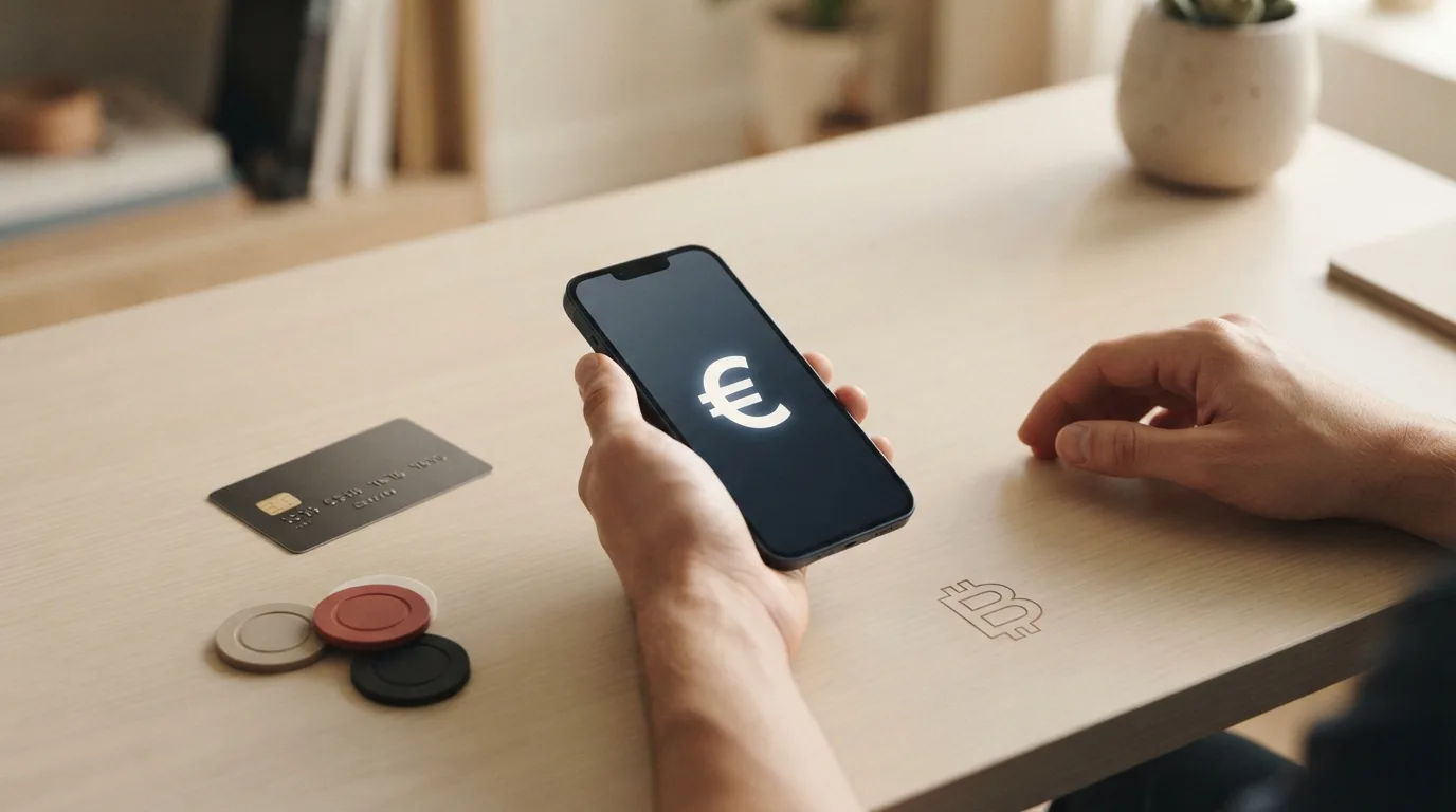 Nahaufnahme einer digitalen Kreditkarte neben stilisierten Kryptowährungs-Symbolen
